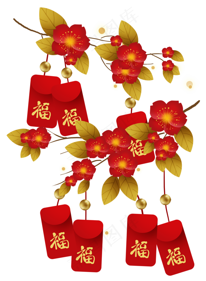 农历新年迎新春桃花和福袋,免抠元素