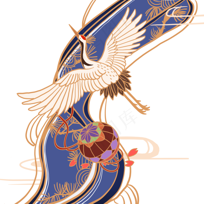 中国风金边展翅仙鹤松树装饰免抠,免抠元素