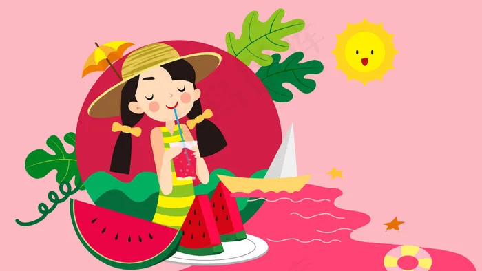 粉色系扁平风立夏西瓜女孩配图(2880*1620px 300 dpi )ai矢量模版下载