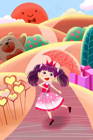 黄色系卡通手绘风儿童节节日小女孩配图