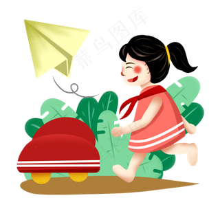 儿童节扁平风手绘追纸飞机和玩具