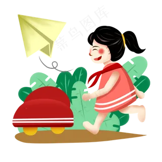 儿童节扁平风手绘追纸飞机和玩具