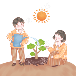 植树节两个小孩给小树浇水