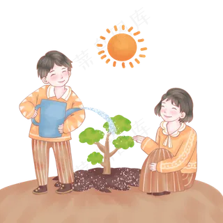 植树节两个小孩给小树浇水