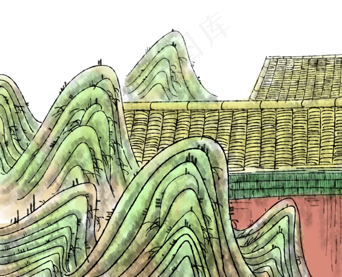 故宫红墙山石水墨国画,免抠元素(3000*2432px 300 dpi )psd模版下载
