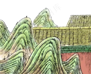 故宫红墙山石水墨国画,免抠元素