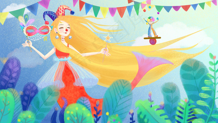 手绘愚人节长发女孩人物插画