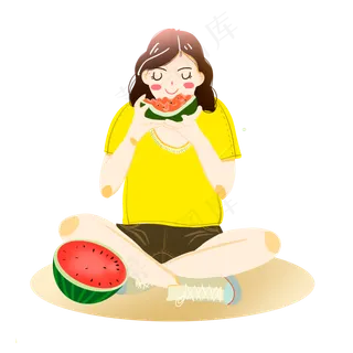 大暑吃西瓜纳凉女孩素材