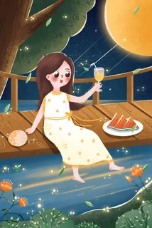 小清新夏天的夜晚女孩乘凉吃西瓜 小清新夏天的夜晚女孩乘凉吃西瓜