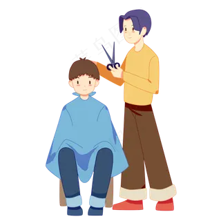 卡通手绘二月二日理发师给男孩理