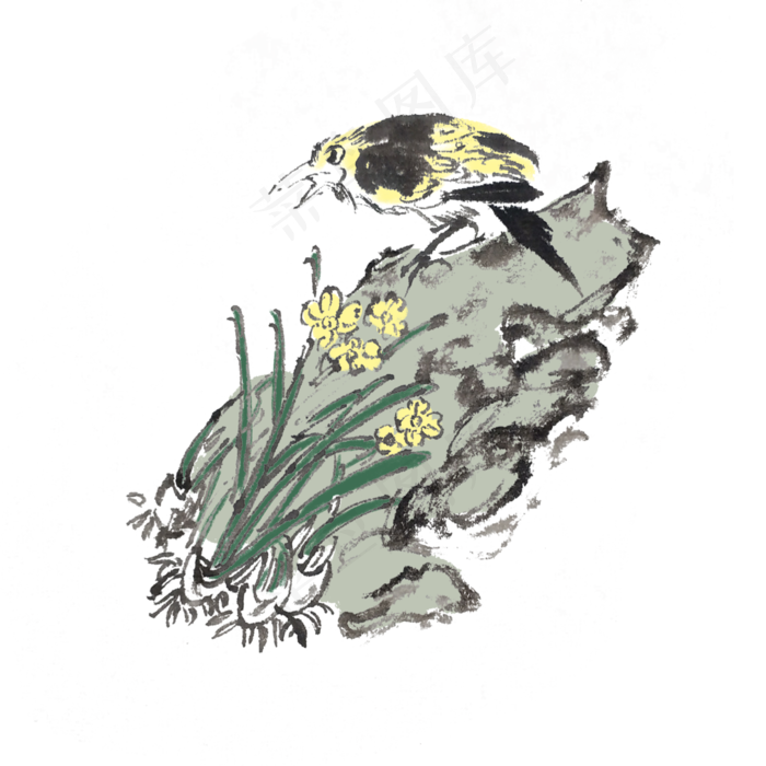 一只黄鹂花鸟水墨手绘,免抠元素