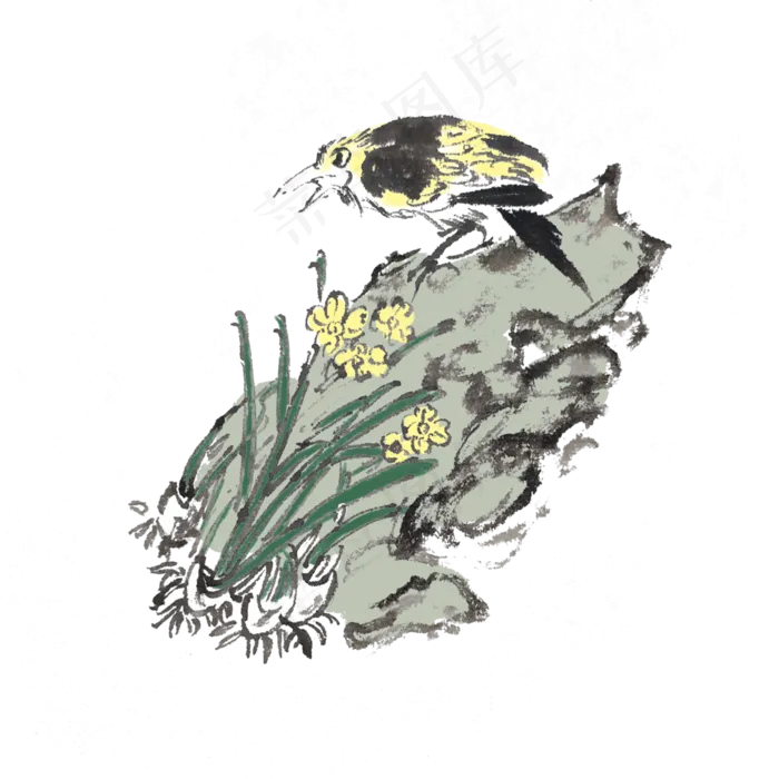 一只黄鹂花鸟水墨手绘,免抠元素