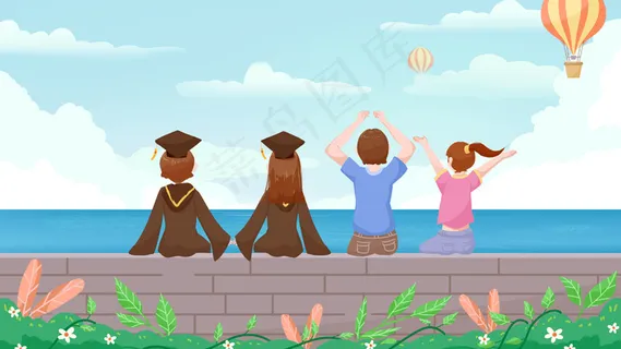 毕业季学生绿色海边看海青年节男生女生海边