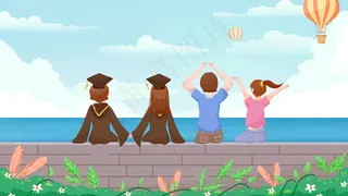 毕业季学生绿色海边看海青年节男生女生海边