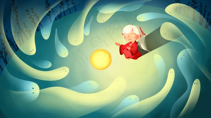 蓝色系卡通手绘风中元节配图(2880*1620px 300 dpi )psd模版下载