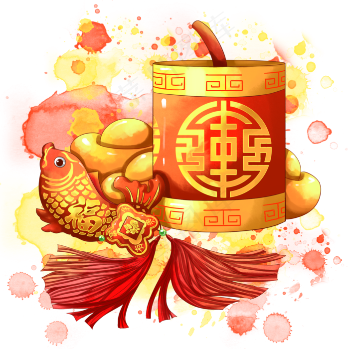 水彩春节年年有鱼,免抠元素(2000X2000(DPI:300))psd模版下载