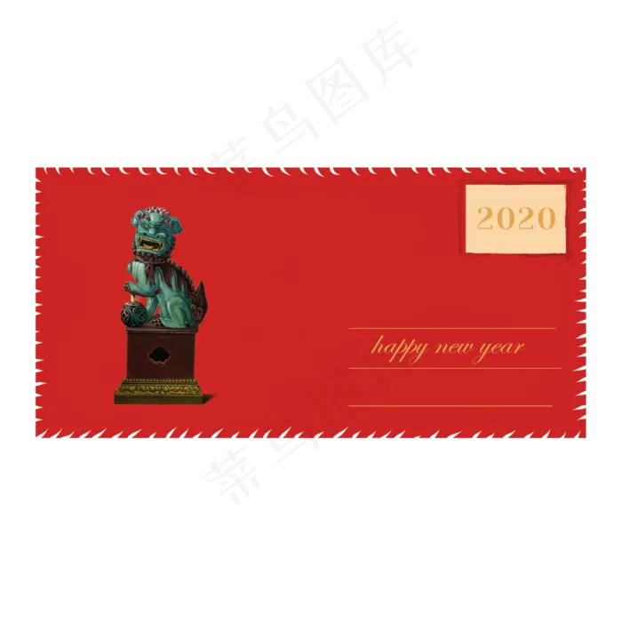 2020新年中国红石狮古董明信片,免抠元素(3000X3000(DPI:300))psd模版下载