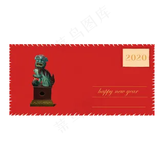 2020新年中国红石狮古董明信片,免抠元素