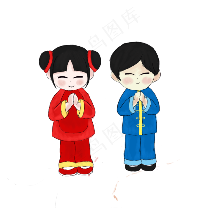 手绘卡通拜年男女福娃,免抠元素