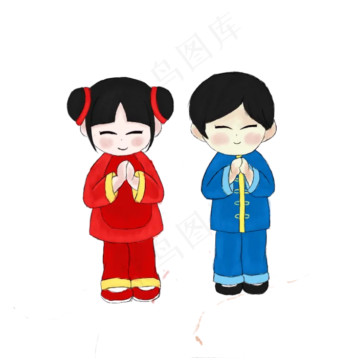 手绘卡通拜年男女福娃,免抠元素(2000*2000px 300 dpi )psd模版下载