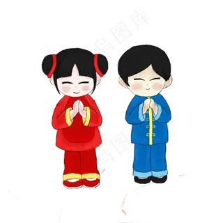 手绘卡通拜年男女福娃,免抠元素