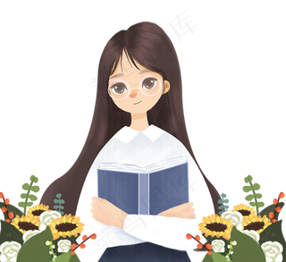 手绘卡通开心的女孩免扣元素