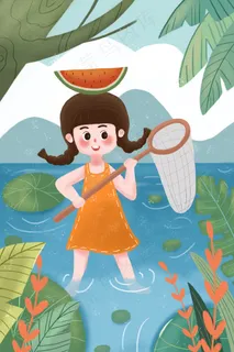 夏天在小河嬉戏避暑的小女孩 夏天在小河嬉戏避暑的小女孩