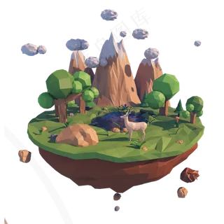 C4D飘浮多边形小岛LowPoly,免抠元素