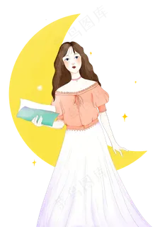 月亮少女水彩女孩女神妇女节创意,免抠元素