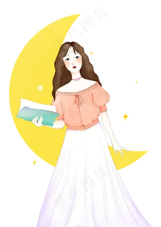 月亮少女水彩女孩女神妇女节创意,免抠元素