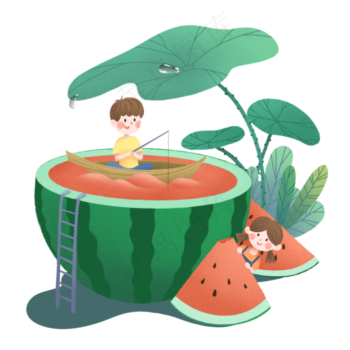 手绘夏天小孩与西瓜(3543X4724(DPI:150))psd模版下载