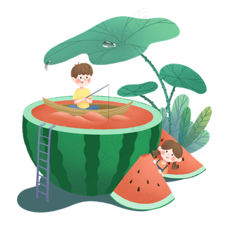 手绘夏天小孩与西瓜