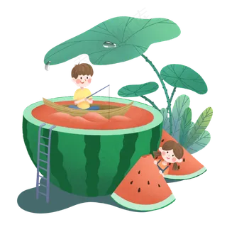 手绘夏天小孩与西瓜