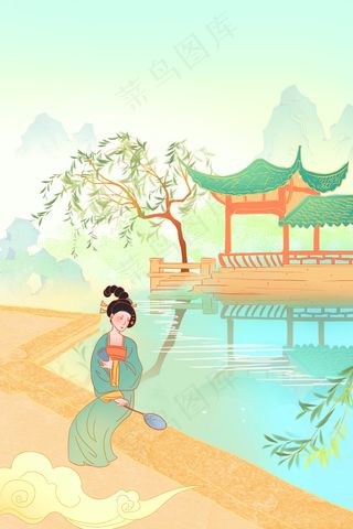 春天古装女子河边