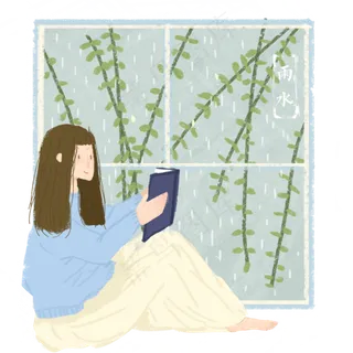 春天新柳节气阅读少女PNG春雨,免抠元素