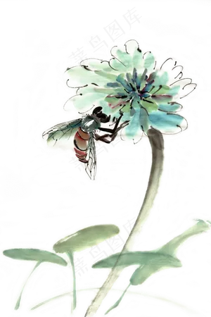 蜜蜂采蜜水墨画PNG免抠素材