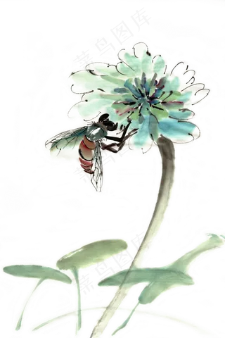 蜜蜂采蜜水墨画PNG免抠素材