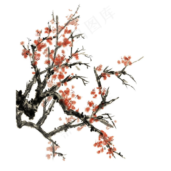 红梅明媚烂漫写意花鸟腊月PNG,免抠元素(3000X3000(DPI:300))psd模版下载