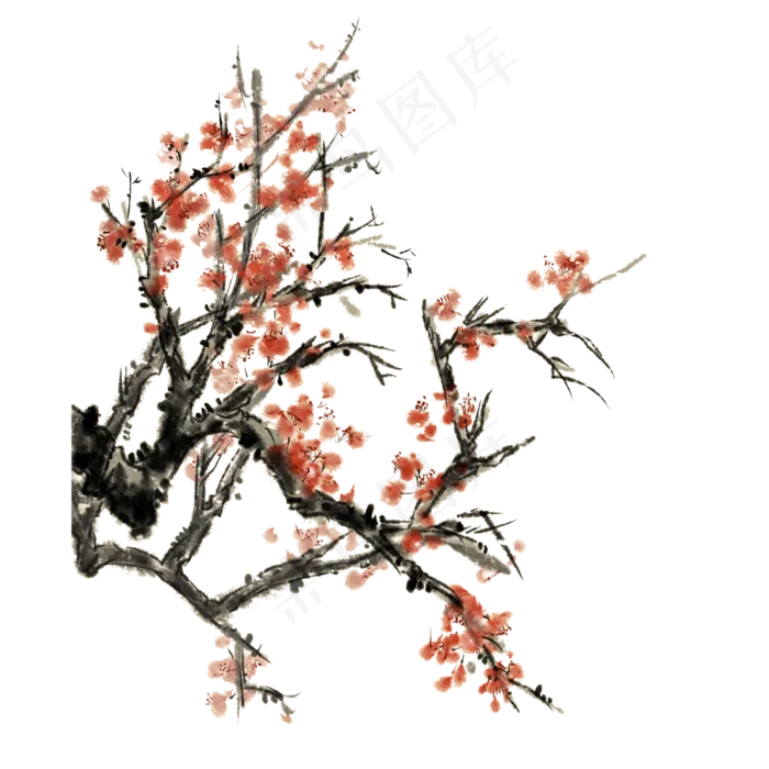 红梅明媚烂漫写意花鸟腊月PNG,免抠元素