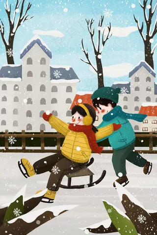 冬天下雪冬季孩子滑雪双人