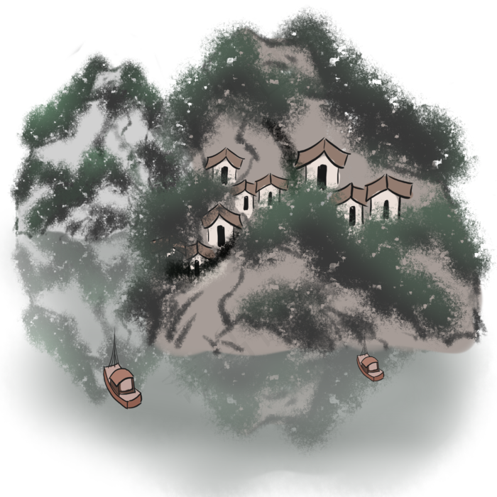 高山流水村子复古山水画
