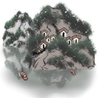 高山流水村子复古山水画