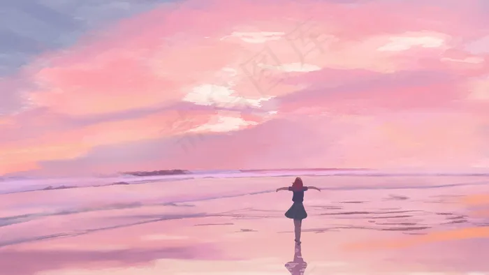 夕阳下女孩漫步在海边(2880X1620(DPI:300))psd模版下载