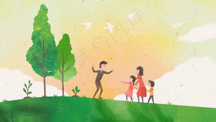 扁平风春天全家郊游