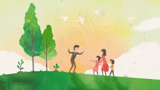 扁平风春天全家郊游