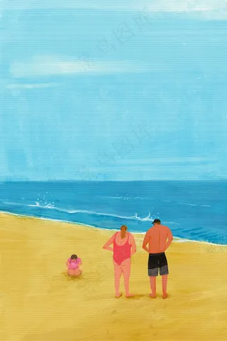 蓝色系手绘质感阳光夏日立夏海边玩耍图