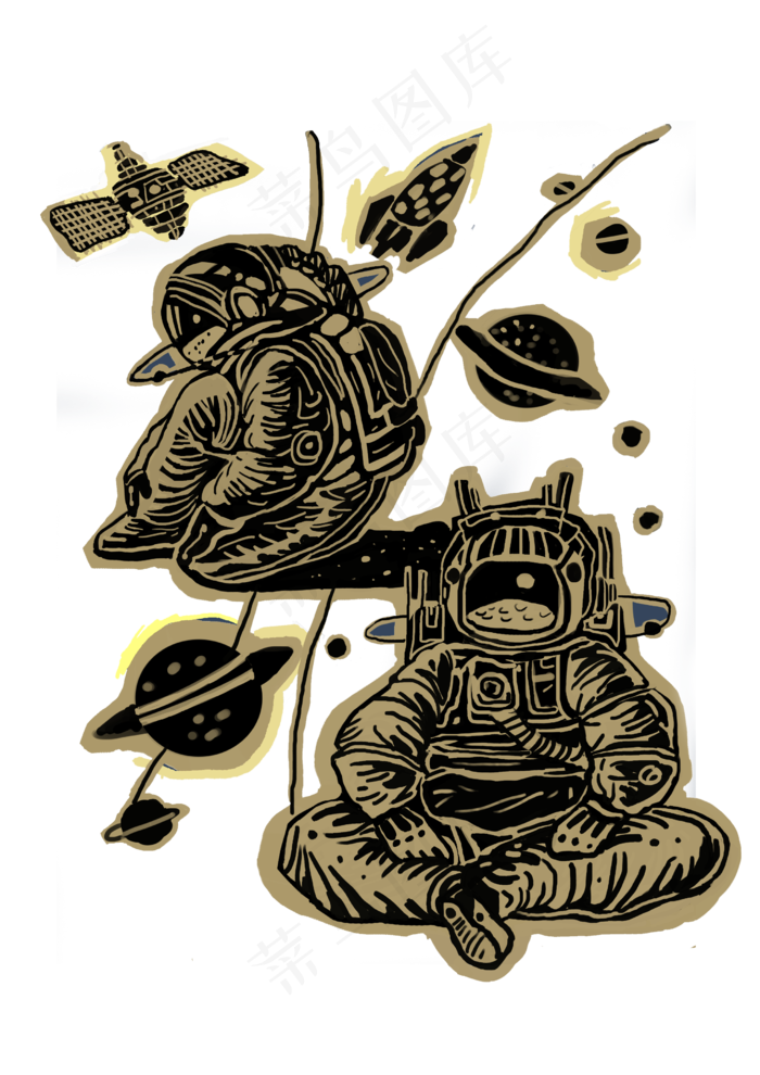 手绘宇航员彩色插画,免抠元素