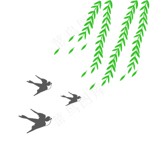 春分绿色小清新微风拂动柳枝春燕,免抠元素