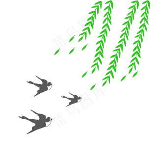 春分绿色小清新微风拂动柳枝春燕,免抠元素