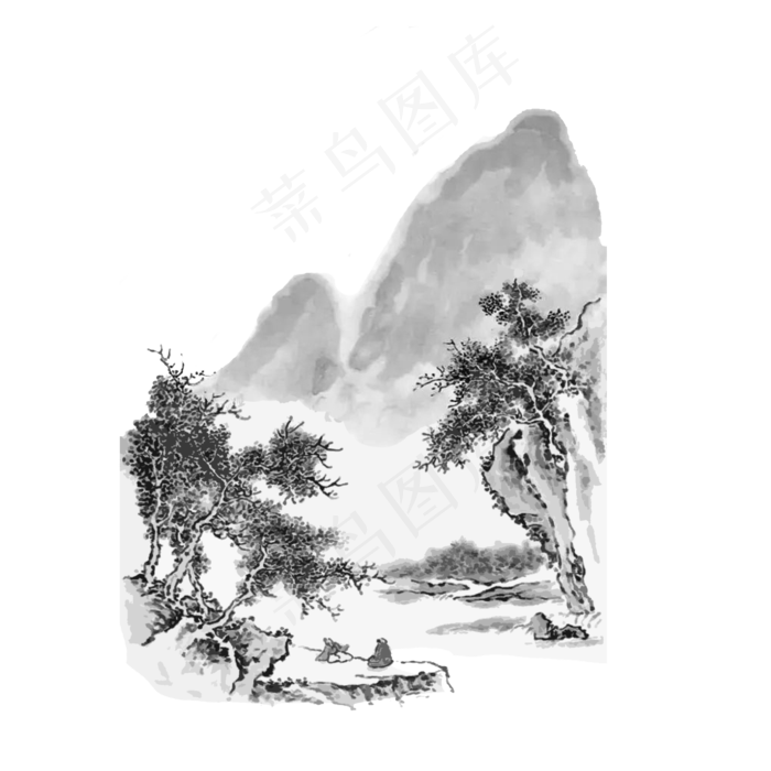 国画水墨山水东方意境黑白PNG(2000X2000(DPI:200))psd模版下载
